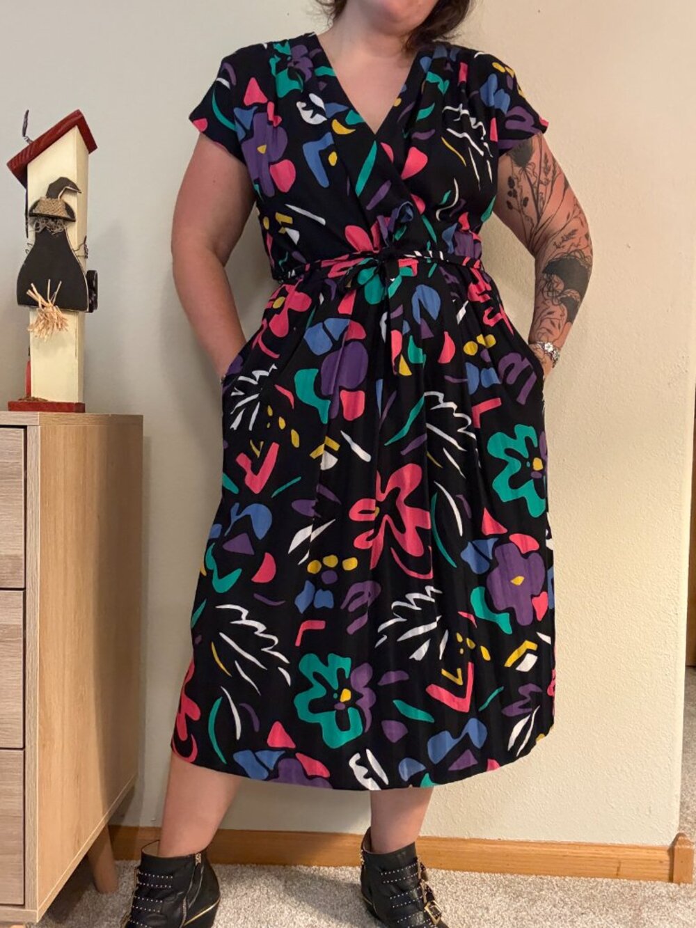 Vintage 80s Raoul Bright Printed Abstract Floral Belted Dress Large